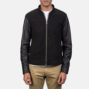 Men's Blain Brown Suede Bomber Jacket - Lateral Side Profile View Showing Sleeve Cut &amp; Athletic Taper Fit