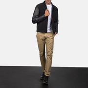 Dettaglio ravvicinato of Knit Rib &amp; Zipper Hardware on Men's Blain Brown Suede Bomber Jacket