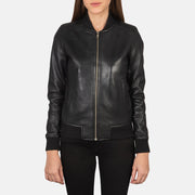 Dettaglio ravvicinato of Varsity - Rib Knit &amp; Zipper with Wind Flap Hardware on Women's Bliss Nero Bomber in Pelle da Donna