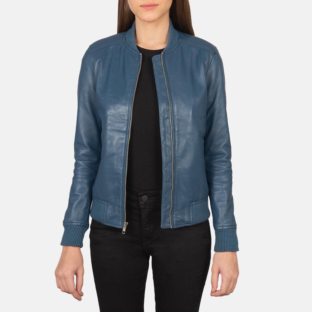 Women's Bliss Blu Bomber in Pelle da Donna in Blue Sheepskin Leather - Vista frontale e linea su misura | Acquista online