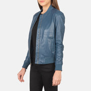 Blue Sheepskin Leather Bomber Jacket - Vista posteriore Showing Tailored Shoulder Fit &amp; Clean Hemline