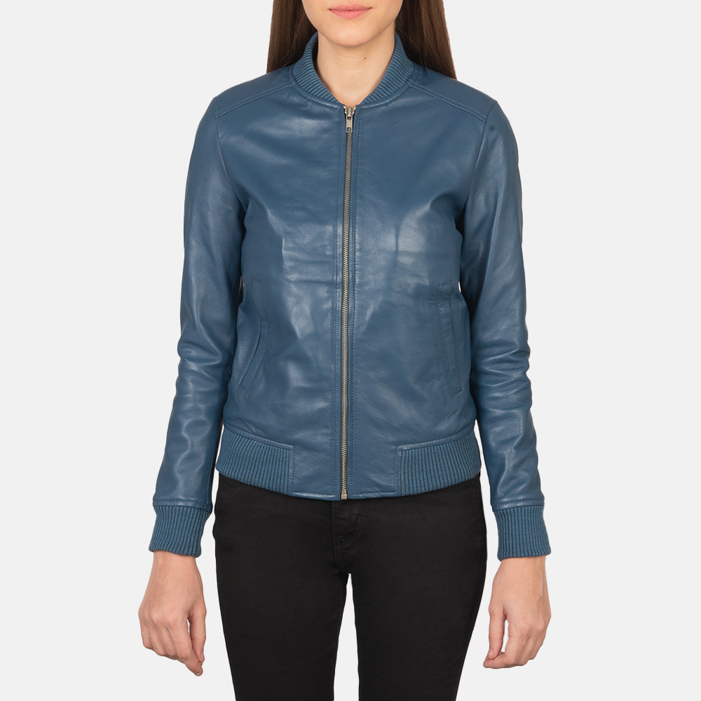 Dettaglio ravvicinato of Varsity - Rib Knit &amp; Zipper with Wind Flap Hardware on Women's Bliss Blu Bomber in Pelle da Donna