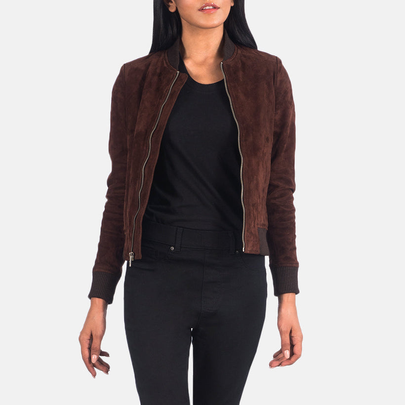 Bliss Marrone Suede Bomber in Pelle da Donna