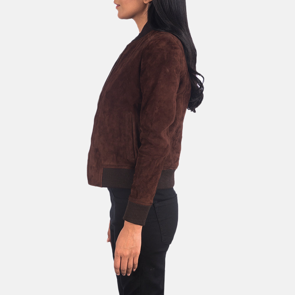 Brown Goatskin Suede Bomber Jacket - Vista posteriore Showing Tailored Shoulder Fit &amp; Clean Hemline
