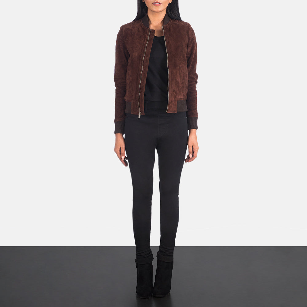 Women's Bliss Marrone Suede Bomber in Pelle da Donna - Lateral Side Profile View Showing Sleeve Cut &amp; Athletic Taper Fit