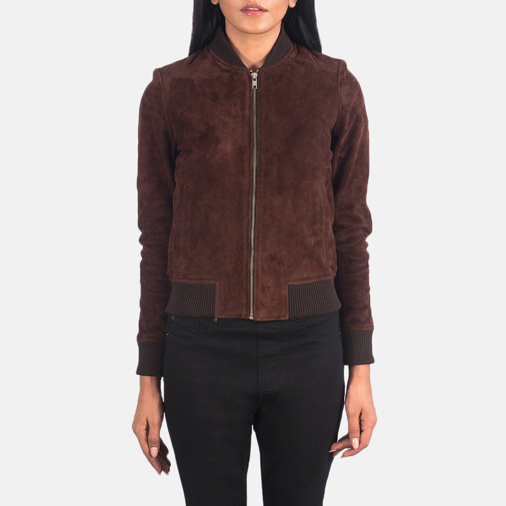 Dettaglio ravvicinato of Varsity - Rib Knit &amp; Zipper with Wind Flap Hardware on Women's Bliss Marrone Suede Bomber in Pelle da Donna