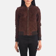 Dettaglio ravvicinato of Varsity - Rib Knit &amp; Zipper with Wind Flap Hardware on Women's Bliss Marrone Suede Bomber in Pelle da Donna