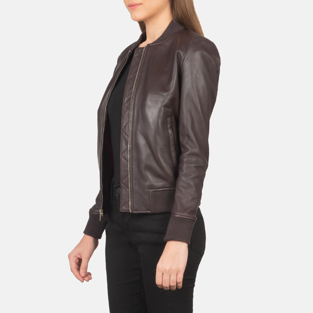 Maroon Sheepskin Leather Bomber Jacket - Vista posteriore Showing Tailored Shoulder Fit &amp; Clean Hemline