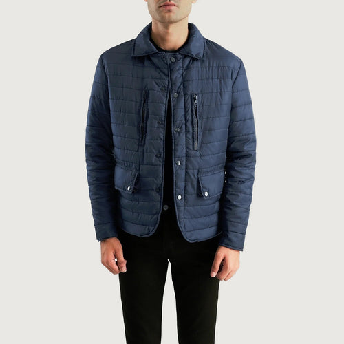 Men's Bo Quilt Windbreaker Jacket in Navy Blue Nylon - Front Profile View & Tailored Silhouette | Buy Online