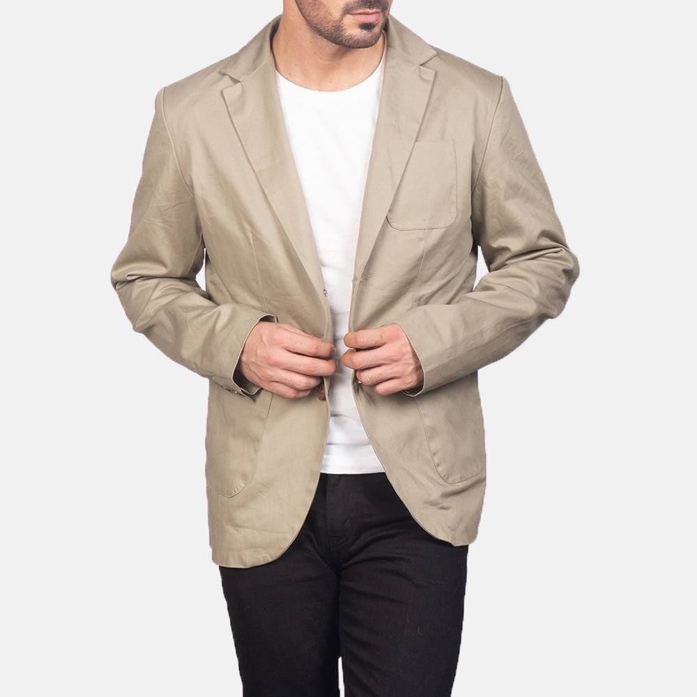 Beige Poly-Cotton Leather Blazer - Vista posteriore Showing Tailored Shoulder Fit &amp; Clean Hemline