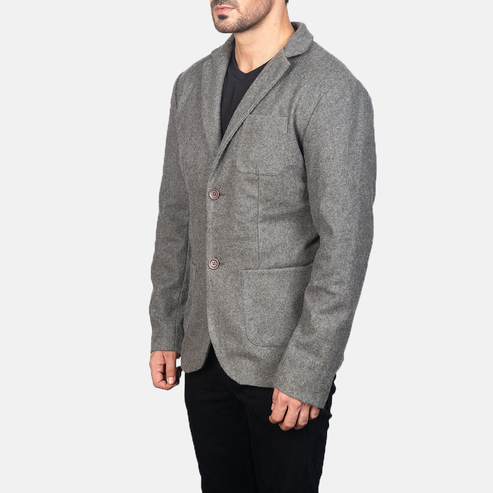 Grey Synthetic Wool Leather Blazer - Vista posteriore Showing Tailored Shoulder Fit &amp; Clean Hemline