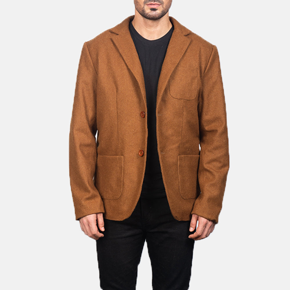 Men's Khaki Wool Blazer in Khaki Synthetic Wool - Vista frontale e linea su misura | Acquista online