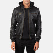 
Bouncer Biz Black Leather Hooded Bomber Jacket in Black Cowhide Leather - Vista frontale e silhouette sartoriale | Acquista online