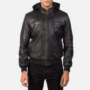 
Bouncer Biz Black Leather Hooded Bomber Jacket - Vista laterale che mostra il taglio ergonomico delle maniche