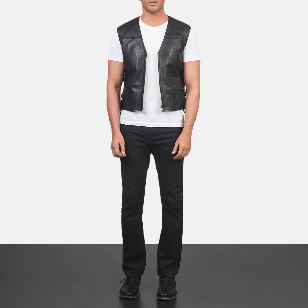 Men's Brandon Nero Gilet in Pelle da Uomo - Lateral Side Profile View Showing Sleeve Cut &amp; Athletic Taper Fit