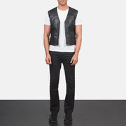 Men's Brandon Nero Gilet in Pelle da Uomo - Lateral Side Profile View Showing Sleeve Cut &amp; Athletic Taper Fit