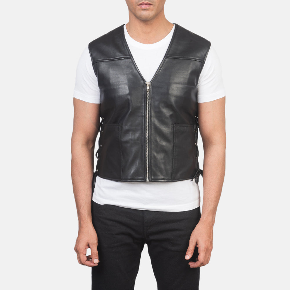 Dettaglio ravvicinato of Classic Collar &amp; Zipper Hardware on Men's Brandon Nero Gilet in Pelle da Uomo