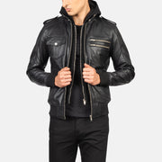 Men's Bravado Black Hooded Leather Bomber Jacket in Black Sheepskin Leather - Front Profile View & Tailored Silhouette | Buy Online