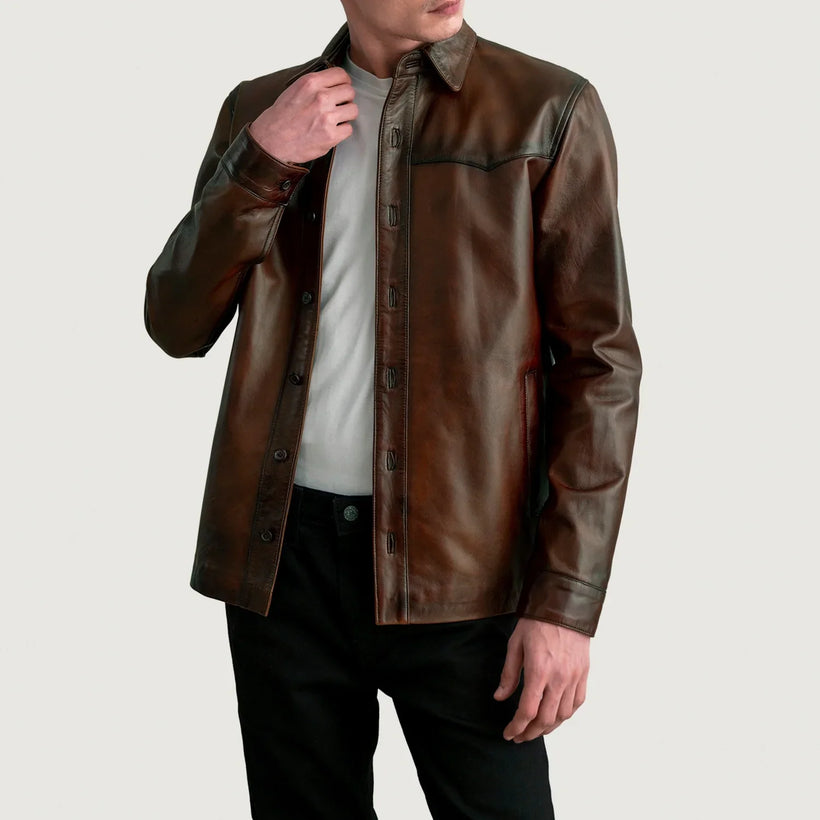 Bronco Effetto Usurato Marrone Leather Shirt da Uomo