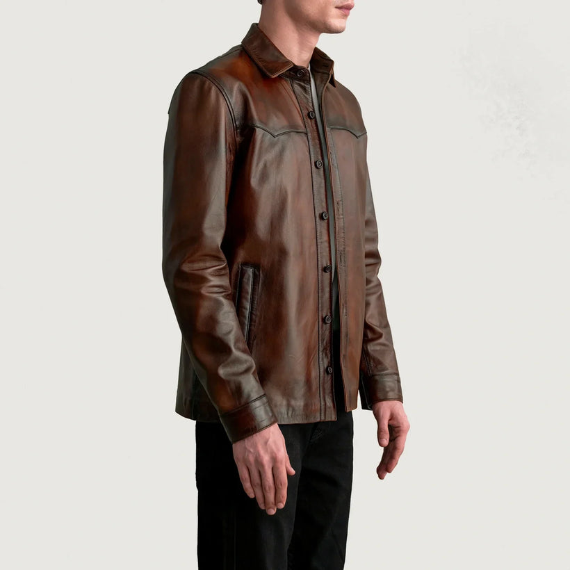 Bronco Effetto Usurato Marrone Leather Shirt da Uomo