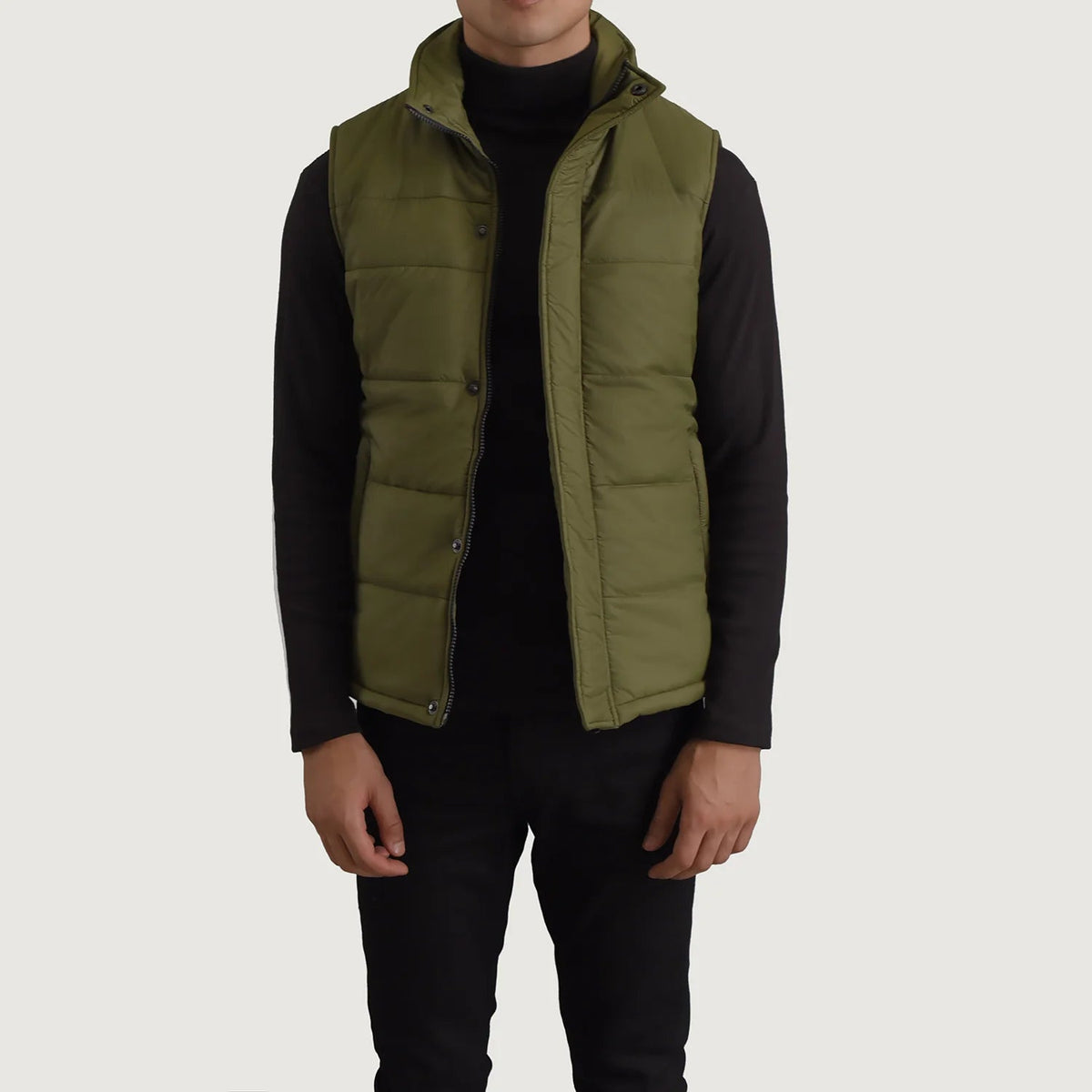 Bryan Verde Puffer Vest da Uomo in Green Full-Grain Leather - Vista frontale e linea su misura | Acquista online