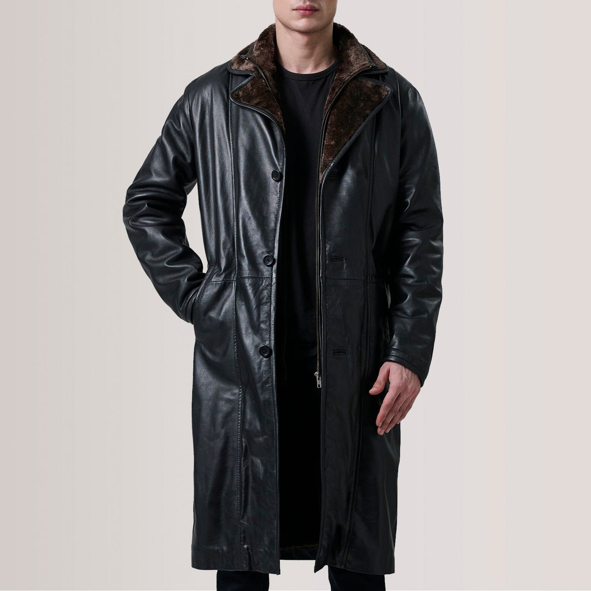 Cai Nero Leather Shearling Cappotto in Pelle da Uomo For Men in Black Sheepskin Leather - Vista frontale e linea su misura | Acquista online