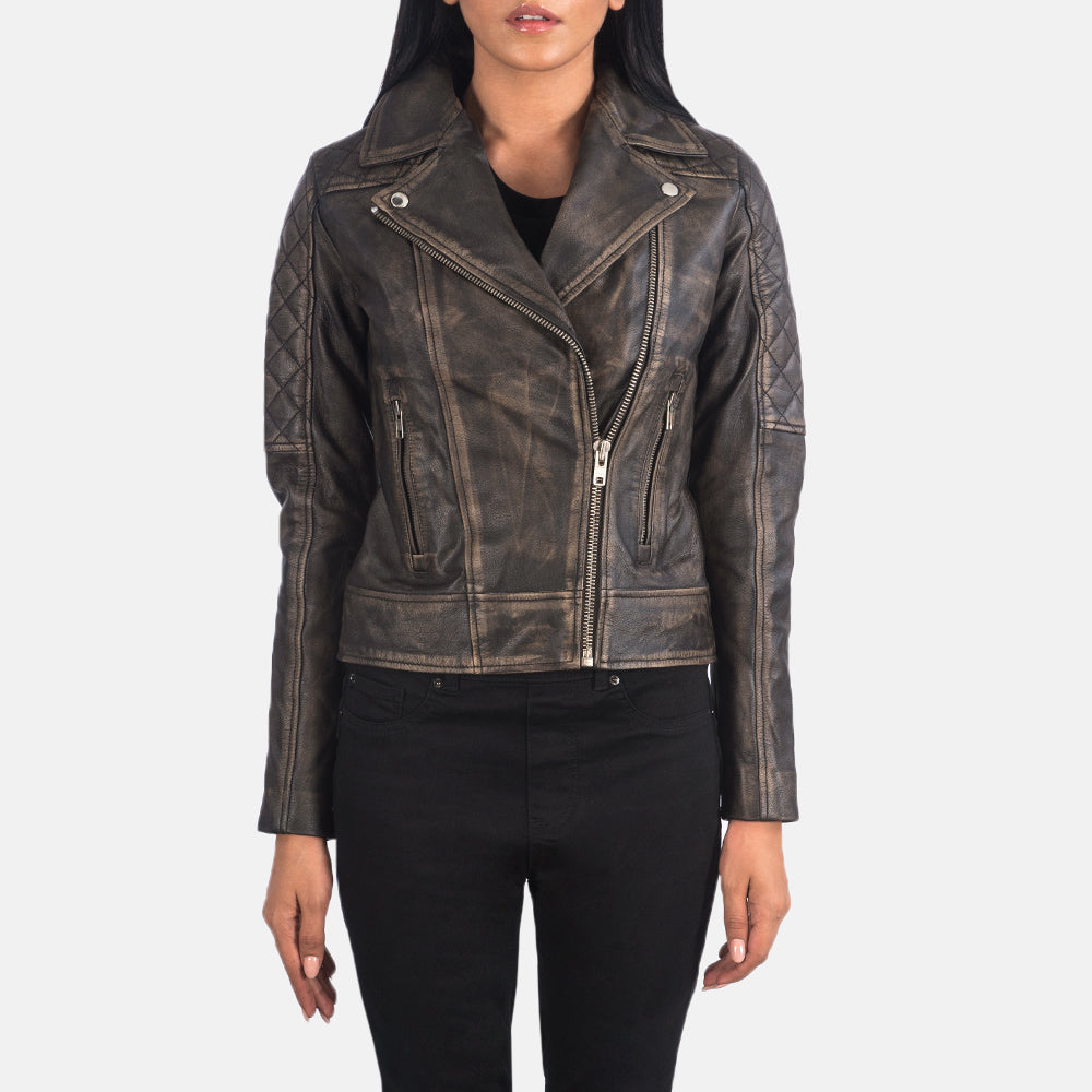 
Dettaglio ravvicinato of Notch & Zipper Hardware on Carolyn Quilted Distressed Brown Biker Jacket