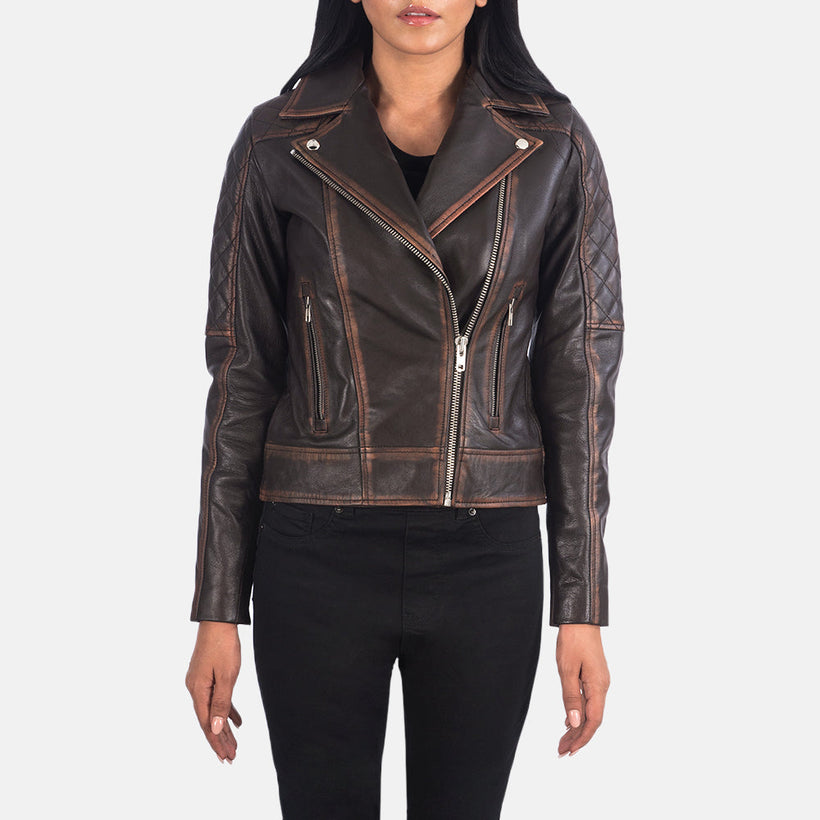 Carolyn Trapuntato Vintage Marrone Giacca Biker in Pelle da Donna