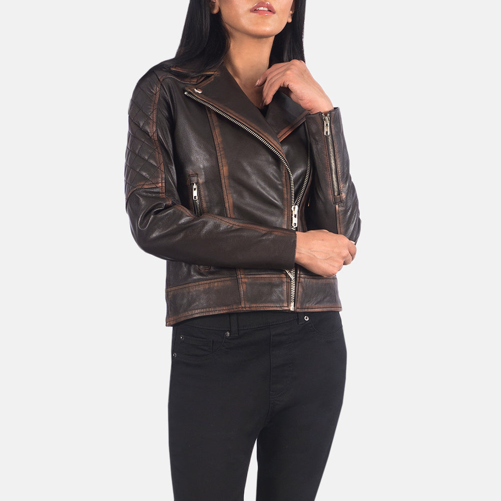 
Dettaglio ravvicinato of Notch & Zipper Hardware on Carolyn Quilted Vintage Brown Biker Jacket