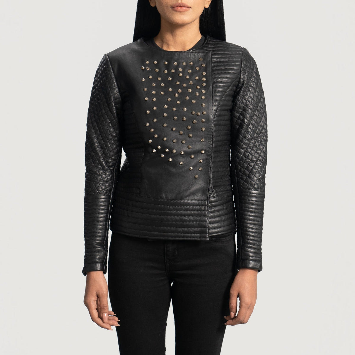 Women's Celeste Studded Nero Giacca in Pelle da Donna in Black Sheepskin Leather - Vista frontale e linea su misura | Acquista online