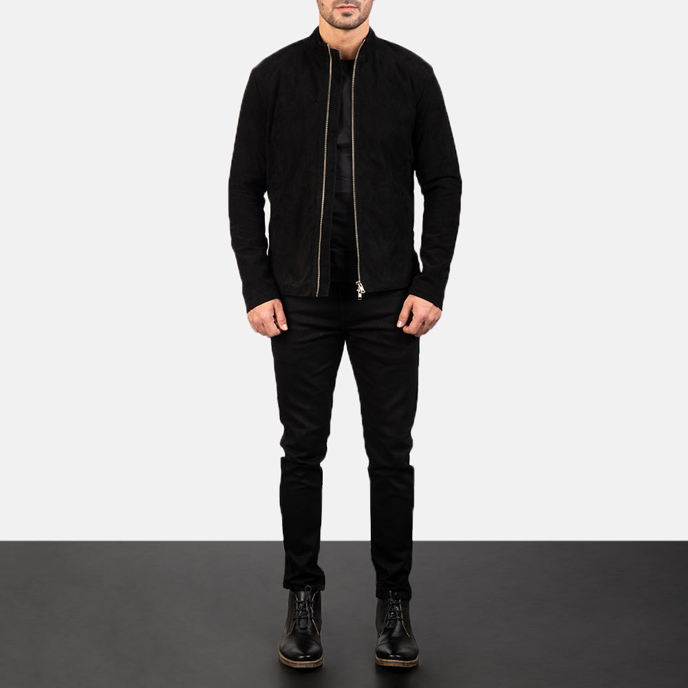Men's Charcoal Nero Suede Giacca Biker in Pelle da Uomo - Lateral Side Profile View Showing Sleeve Cut &amp; Athletic Taper Fit