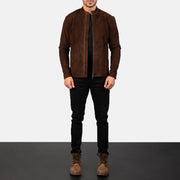 Men's Charcoal Mocha Suede Giacca Biker in Pelle da Uomo - Lateral Side Profile View Showing Sleeve Cut &amp; Athletic Taper Fit