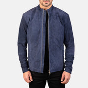 Charcoal Navy Blu Suede Giacca Biker in Pelle da Uomo in Navy Blue Goatskin Suede - Vista frontale e linea su misura | Acquista online