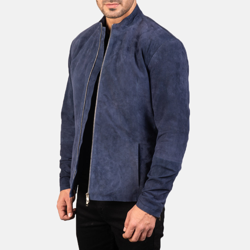 Navy Blue Goatskin Suede Biker Jacket - Vista posteriore con spalle sartoriali e orlo pulito