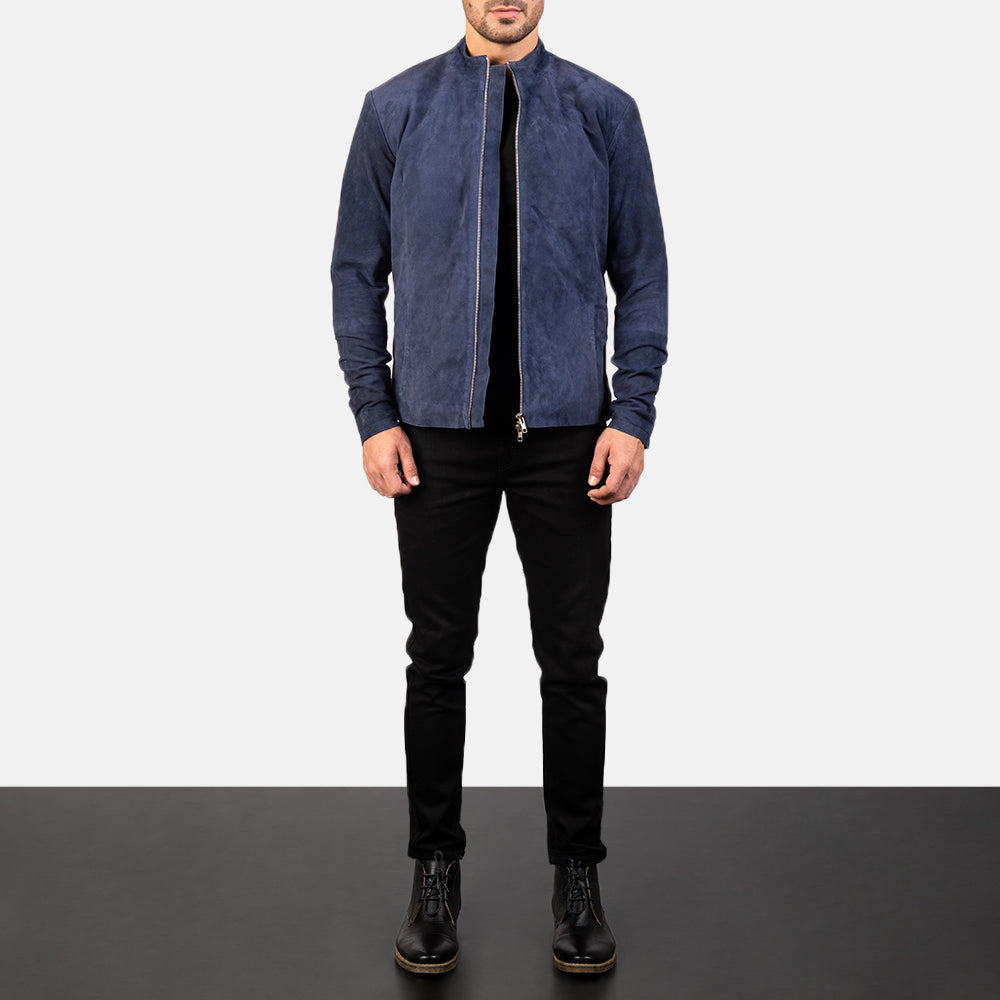 Charcoal Navy Blu Suede Giacca Biker in Pelle da Uomo - Vista laterale con taglio manica ergonomico