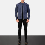 Charcoal Navy Blu Suede Giacca Biker in Pelle da Uomo - Vista laterale con taglio manica ergonomico