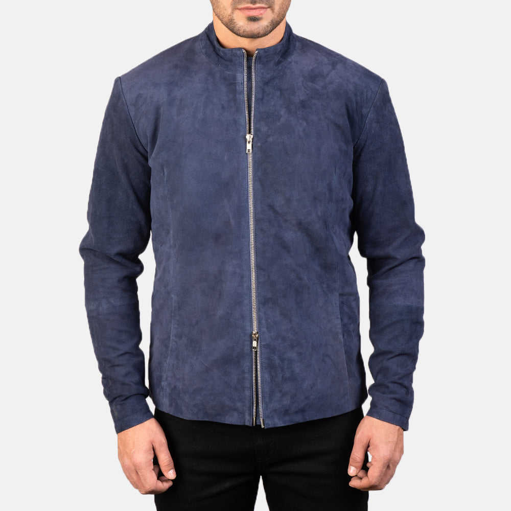 Dettaglio ravvicinato of Mandarin &amp; Zipper with Dual Puller Hardware on Charcoal Navy Blu Suede Giacca Biker in Pelle da Uomo