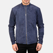 Dettaglio ravvicinato of Mandarin &amp; Zipper with Dual Puller Hardware on Charcoal Navy Blu Suede Giacca Biker in Pelle da Uomo