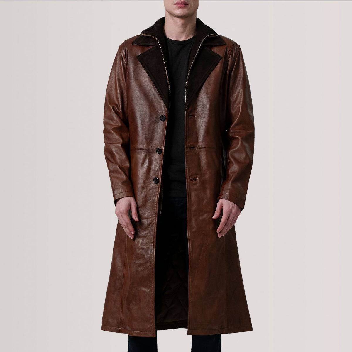 
Charlton Waxed Marrone Leather Single Breasted Cappotto in Pelle da Uomo For Men in Distressed Brown Sheepskin Burnished - Vista frontale e silhouette sartoriale | Acquista online