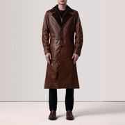 
Distressed Brown Sheepskin Burnished Leather Coat - Vista posteriore con spalle definite e orlo pulito