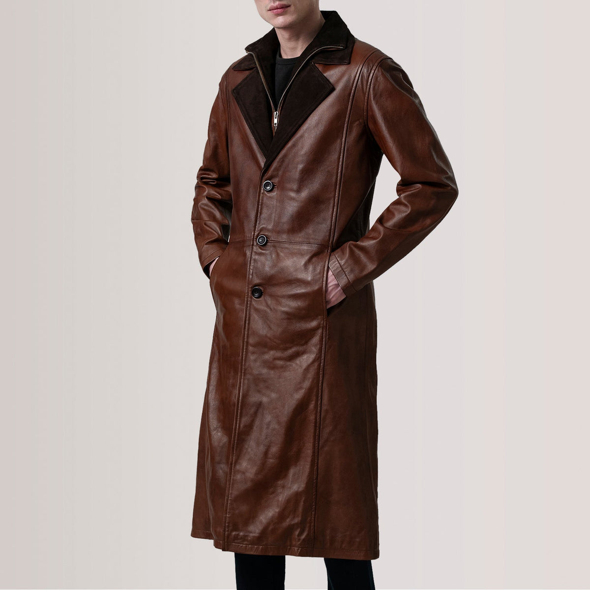 
Charlton Waxed Marrone Leather Single Breasted Cappotto in Pelle da Uomo For Men - Vista laterale che mostra il taglio ergonomico delle maniche