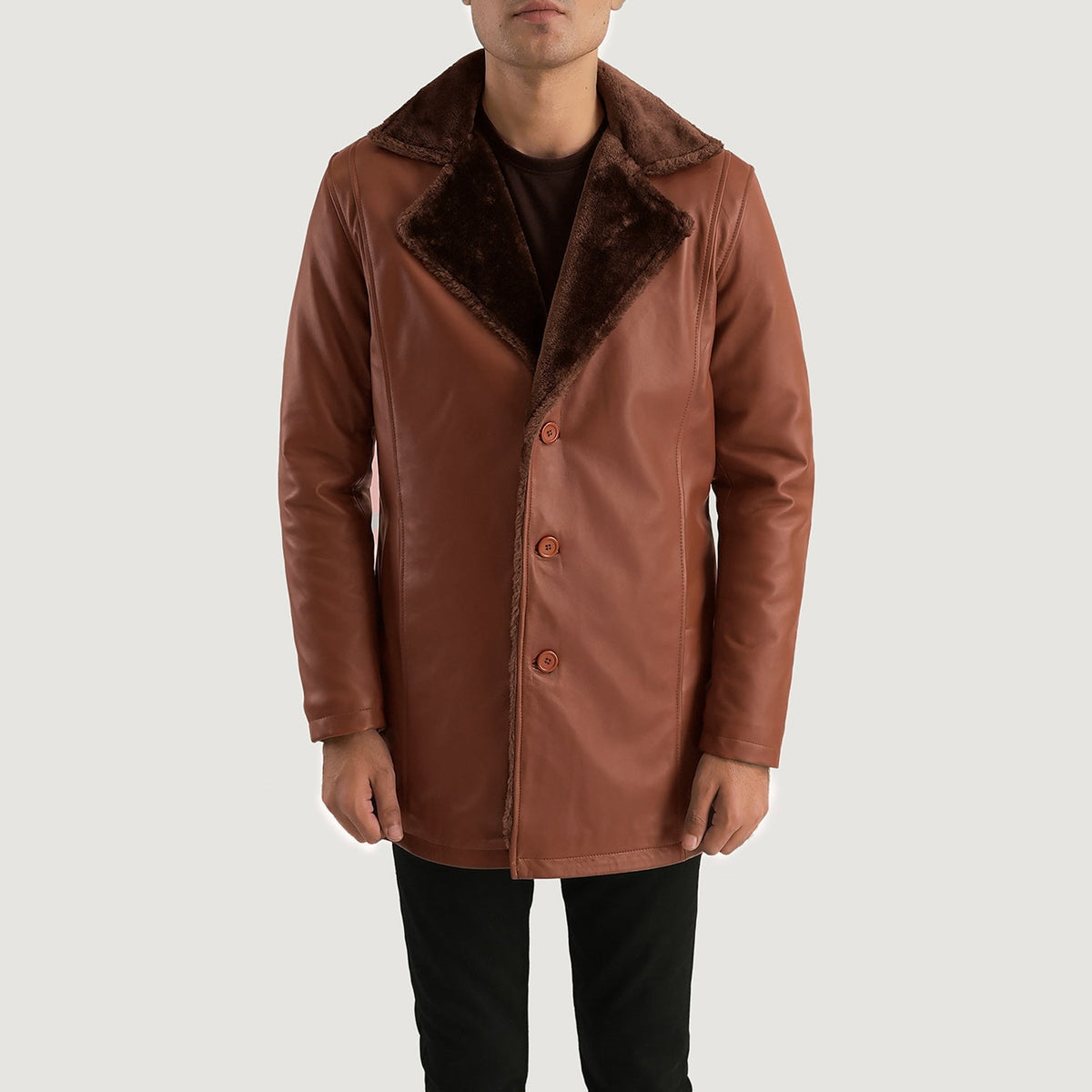 
Cannella Marrone Leather Fur Cappotto in Pelle da Uomo in Brown Sheepskin Burnishing - Vista frontale e silhouette sartoriale | Acquista online