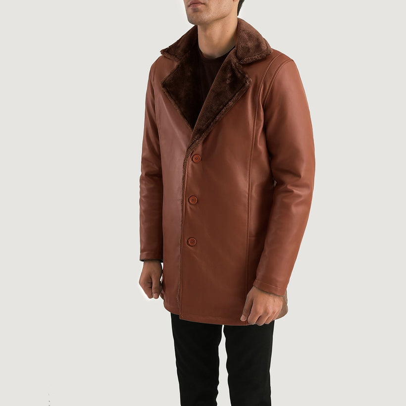 Brown Sheepskin Burnishing Winter Jacket - Back View Showing Tailored Shoulder Fit & Clean Hemline