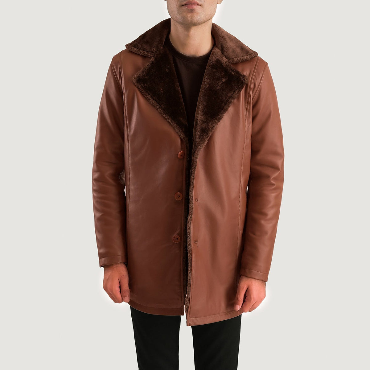 
Dettaglio ravvicinato of Shirt & Button Hardware on Cannella Marrone Leather Fur Cappotto in Pelle da Uomo