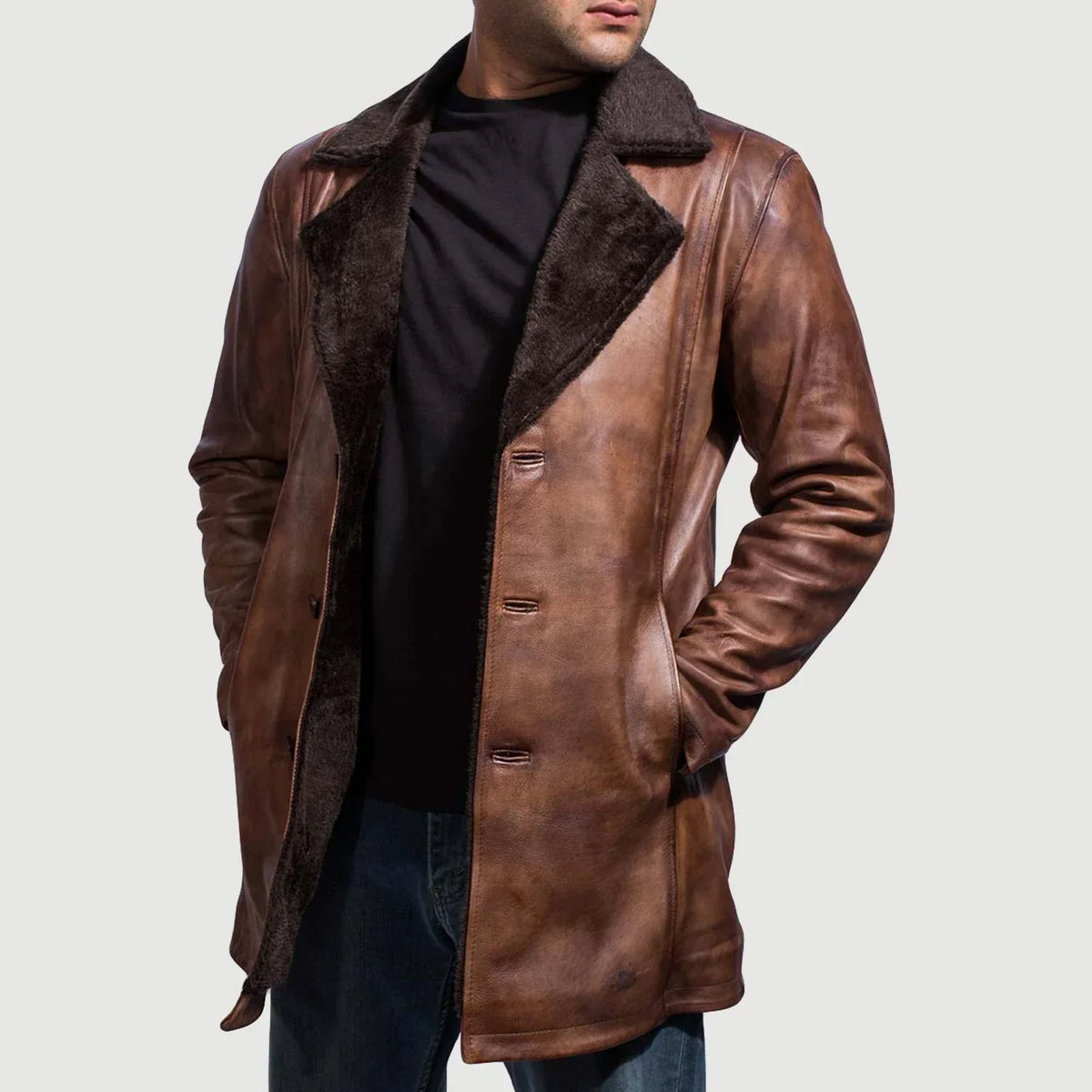 
Distressed Brown Sheepskin Burnishing Winter Jacket - Vista posteriore con spalle definite e orlo pulito