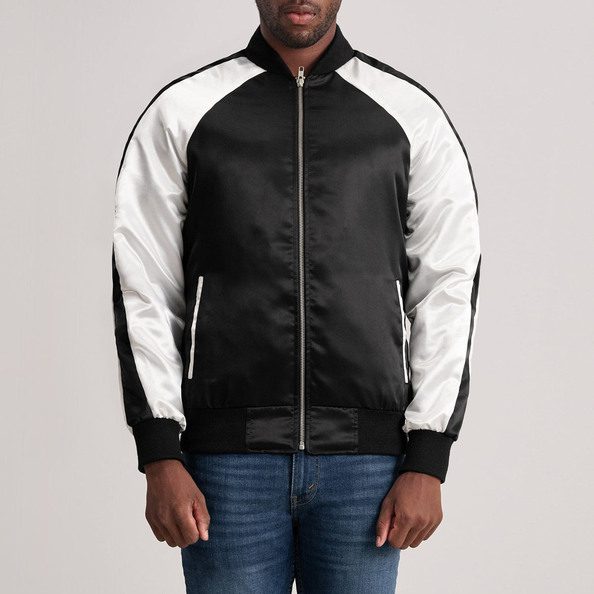 Clarke Nero Varsity Giacca in Pelle da Uomo in Black &amp; White Satin - Vista frontale e linea su misura | Acquista online