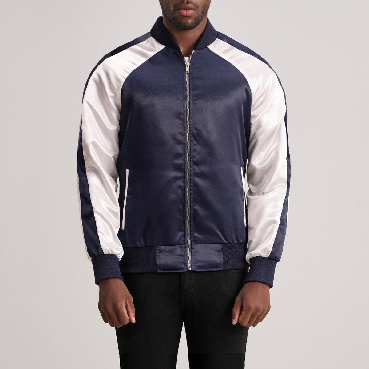 Clarke Blu Varsity Giacca in Pelle da Uomo in Blue &amp; White Satin - Vista frontale e linea su misura | Acquista online