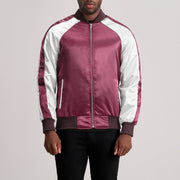 Clarke Bordeaux Varsity Giacca in Pelle da Uomo in Maroon &amp; White Satin - Vista frontale e linea su misura | Acquista online