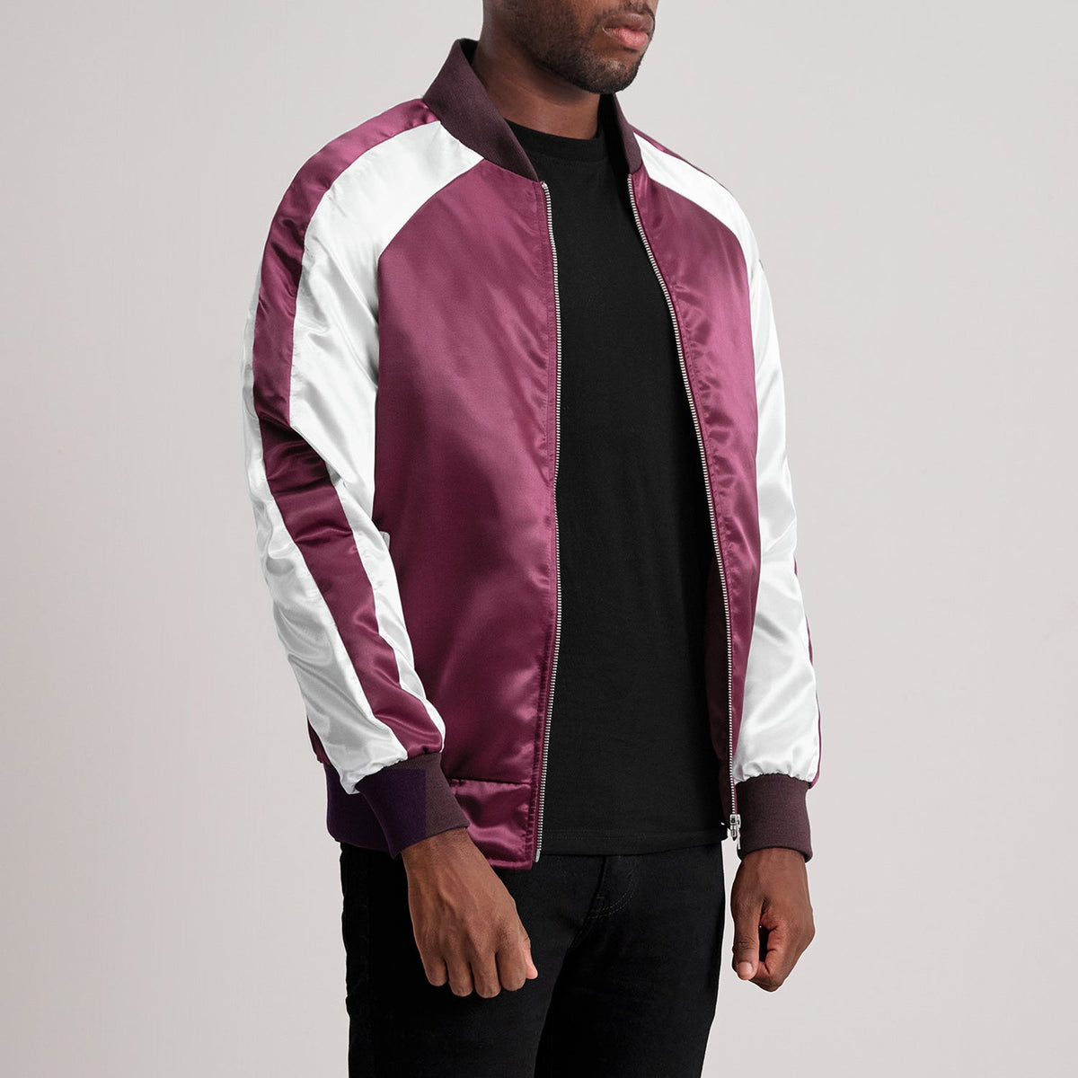 Maroon &amp; White Satin Aviator Jacket - Vista posteriore Showing Tailored Shoulder Fit &amp; Clean Hemline