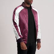 Maroon &amp; White Satin Aviator Jacket - Vista posteriore Showing Tailored Shoulder Fit &amp; Clean Hemline